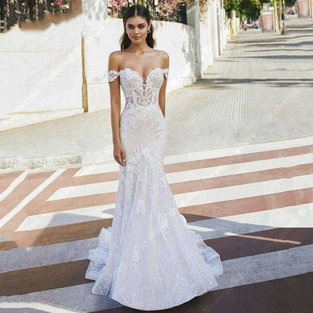 Sexy Off Shoulder Mermaid Women Wedding Dresses Custom Made Sleeveless Bridal Gowns Mopping Length Flower Print Vestido De Novia