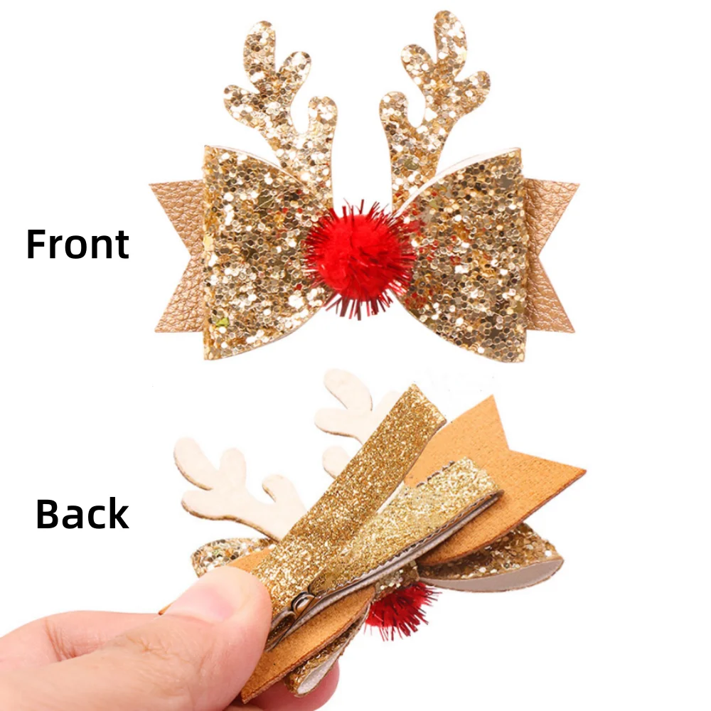 Xmas Antler Hair Clip Sparking Bownot Shaped Hairclip Reindeer Hairpins Barrettes Perfect for Christmas Party Hair Styling