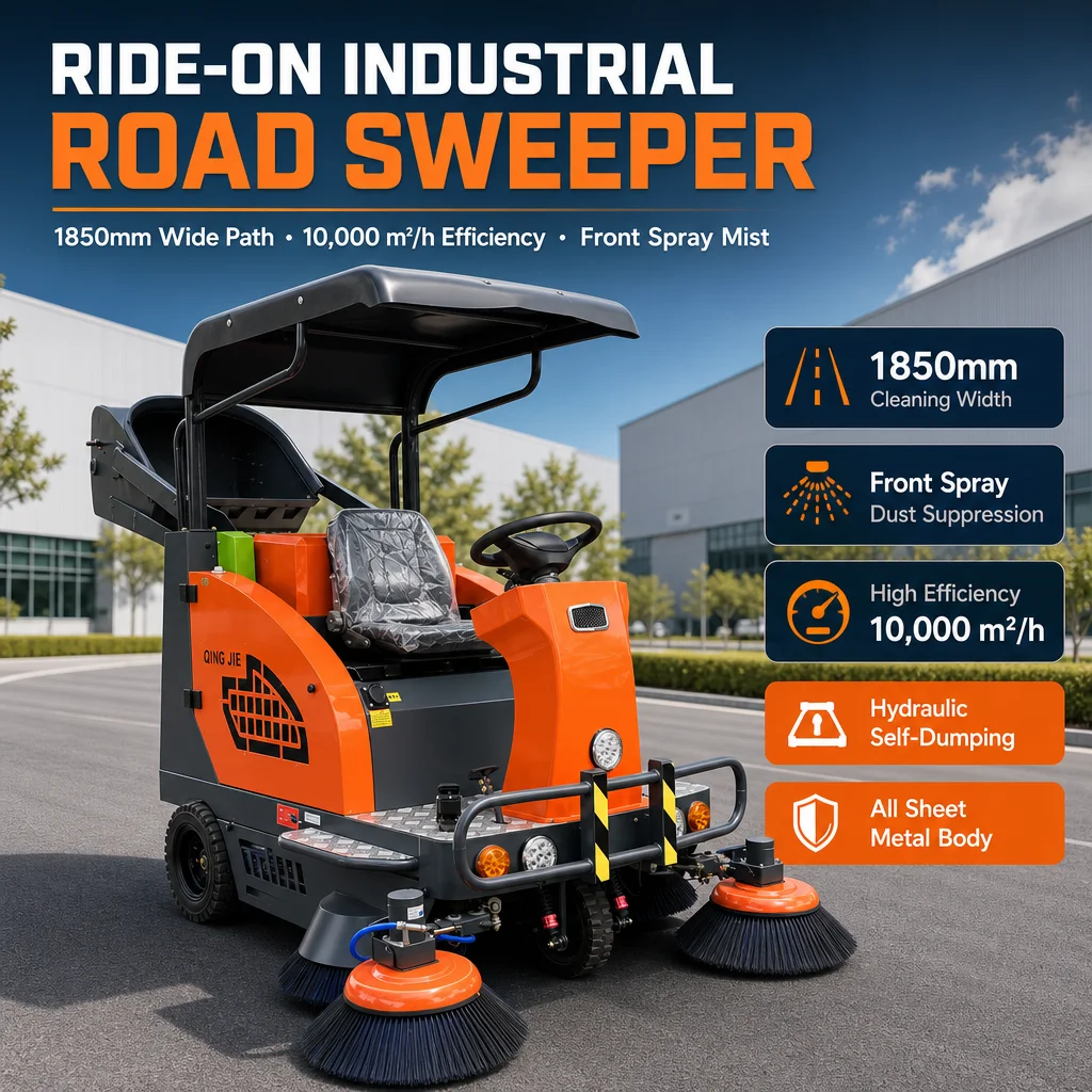 Industrial Electric Floor Sweeping Vehicle 10000m²/h Heavy Duty Street Sweeper with 50L Water Spray & Hydraulic Tipper