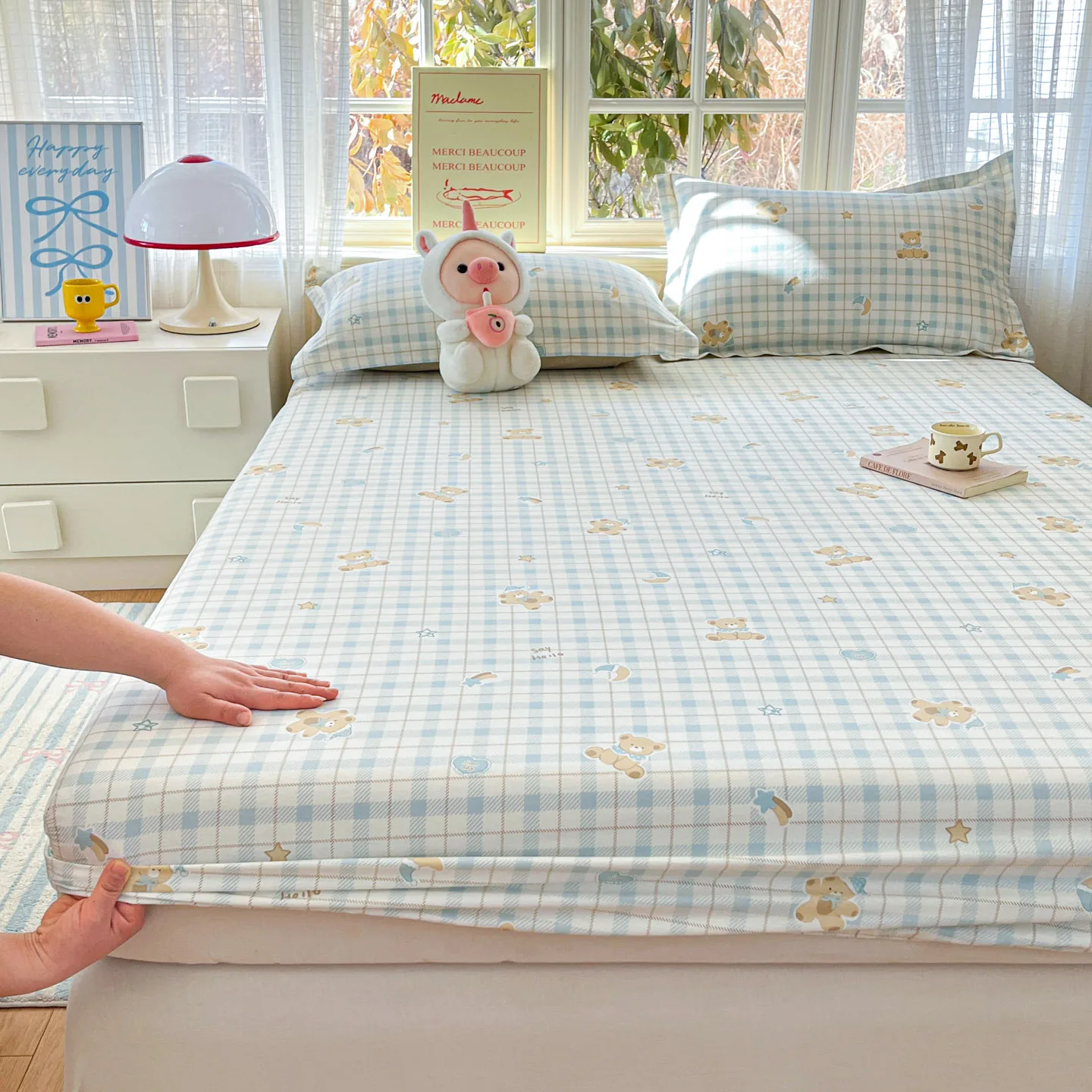 100%Cotton Bed Sheets Soft sabana para cama Single/Twin/Queen/King Size Cute Bear Printed Fitted Sheet sabanas matrimoniales
