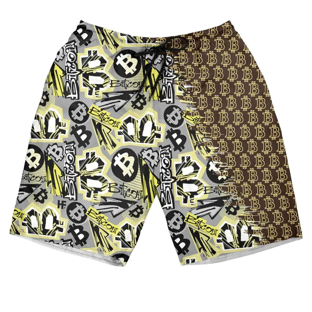 HX Bitcoin Doodle Pattern Hawaiian Short Fashion 3D Printed Pants Harajuku Casual Pockets Shorts Men Clothing Dropshipping