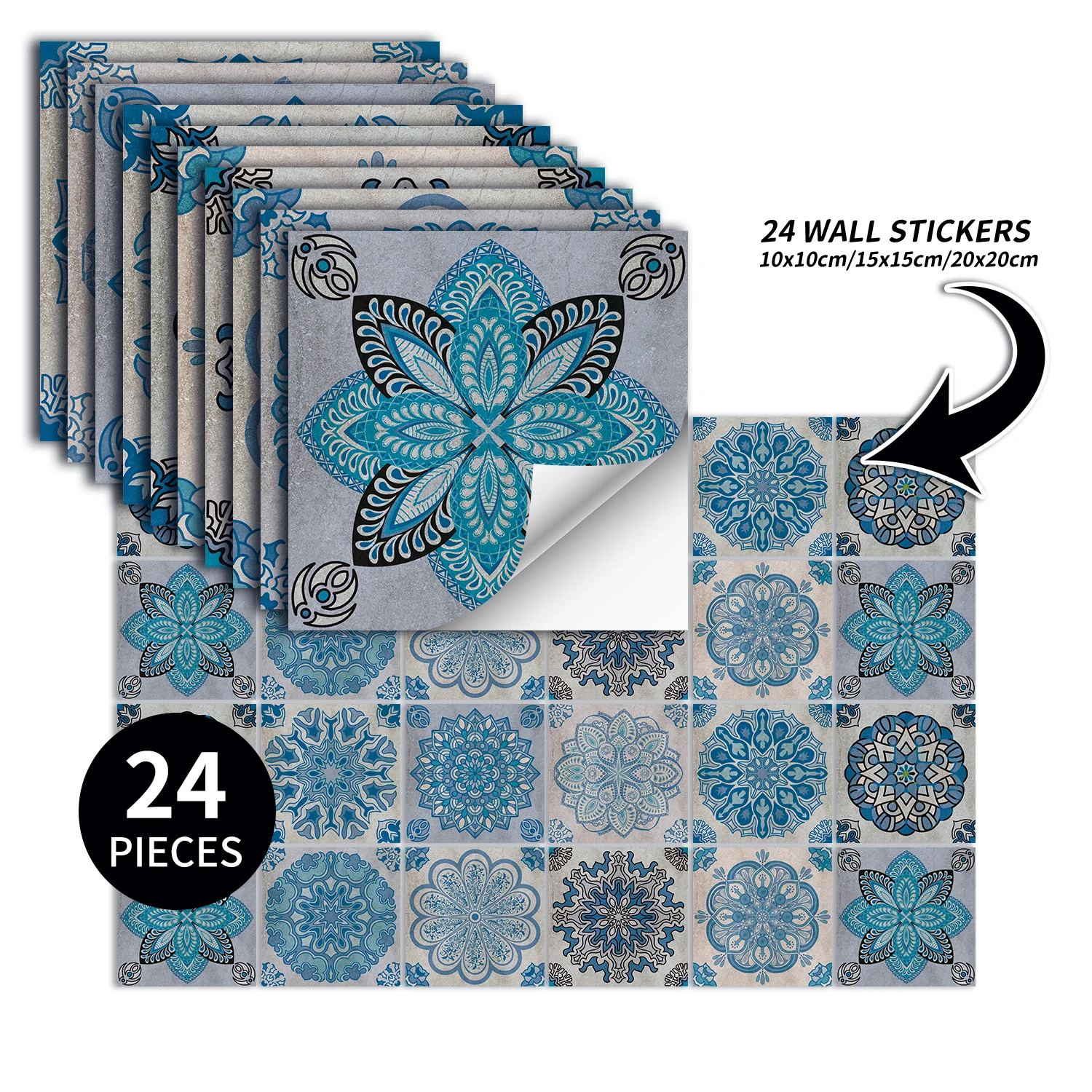 24 pcs/pack, Waterproof and Oil-proof, Easy To Clean, European Style Pattern Self-adhesive PVC Tile Stickers