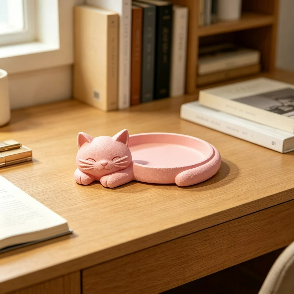 3D Printed Pink Cat Trinket Tray Cute Kitten Shape Jewelry Storage Dish Mini Desktop Organizer for Vanity Bedroom Table Decor