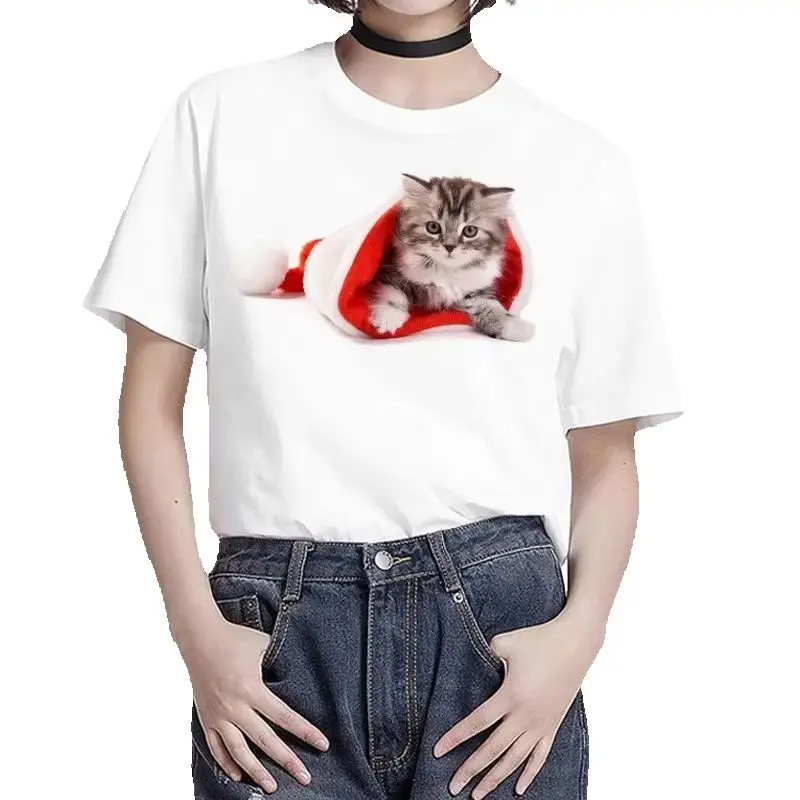 Merry Christmas Tabby Cat In Santa Hat Print T Shirt Women Pet Lover Holiday Short Sleeve Tops