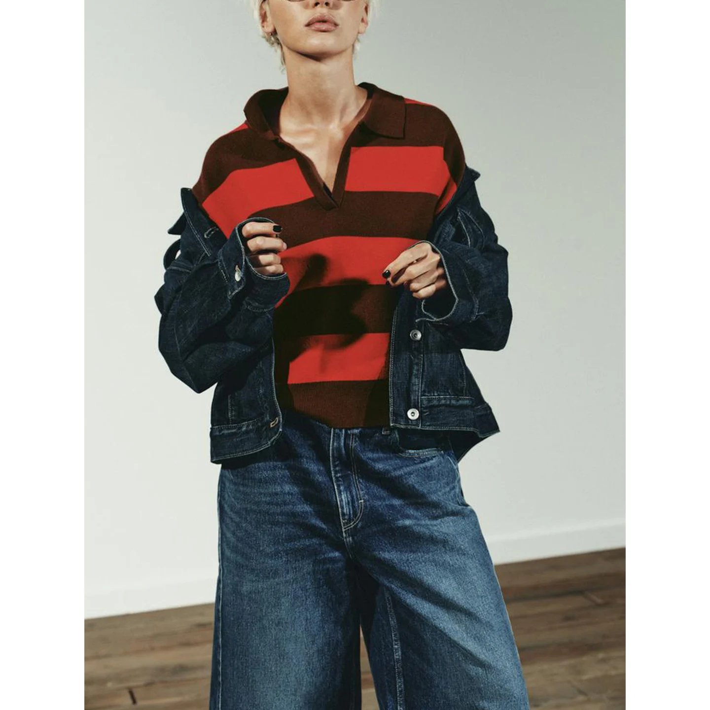 خريف شتاء جديد المرأة Ne Long Sve محبوك شريط التشذيب سترة عادية فضفاضة تناسب ألياف البوليستر #3