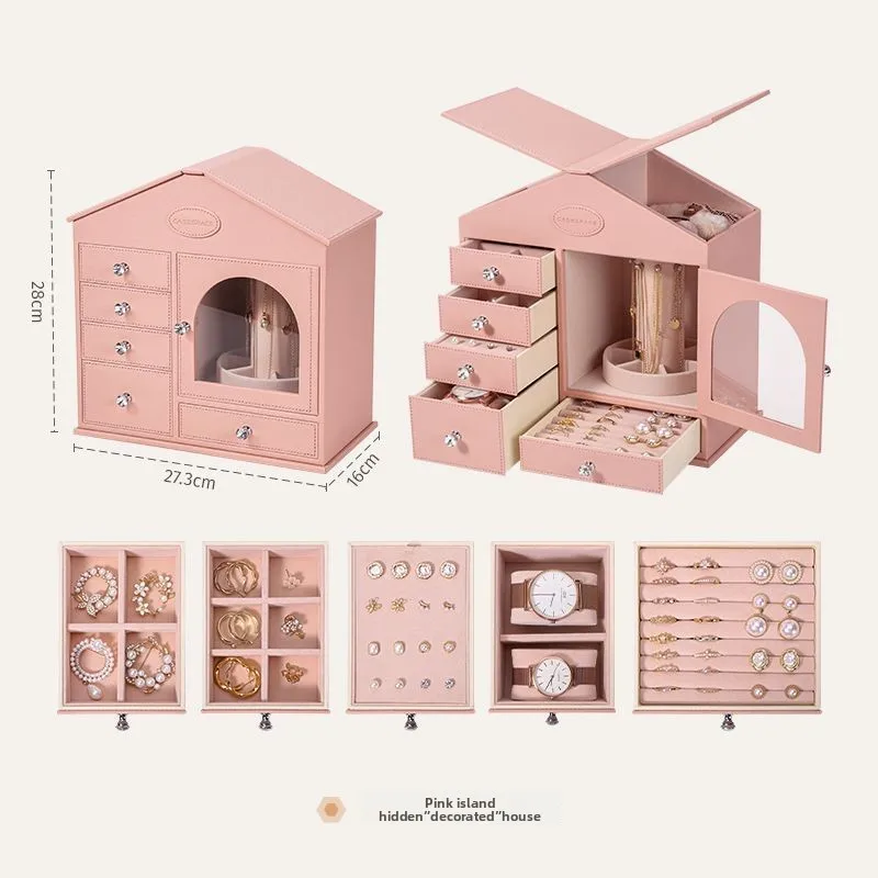 Versatile pink cabin storage box, exquisite and cute carousel multi-layer jewelry box.