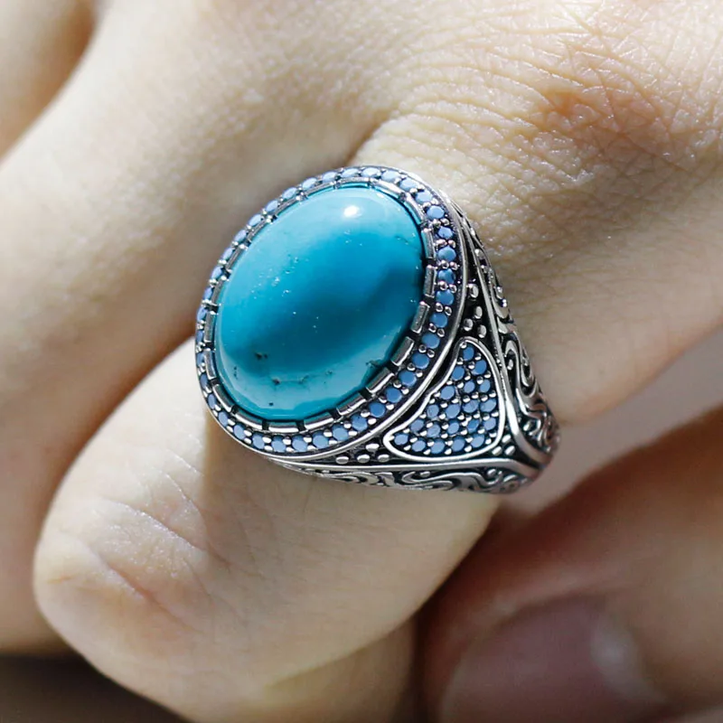 Vintage Natural Turquoise Türkiye Handmade Men's and Women's Rings Fashion 925 Sterling Silver Anniversary Jewelry Party Gift