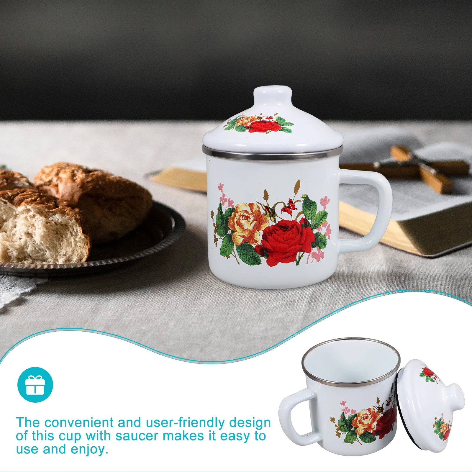 

Thickened Enamel Vintage Chinese Style Large Capacity Retro Mug with Lid Office Drinking Cup Tea Cup Household Enamel Kitchen