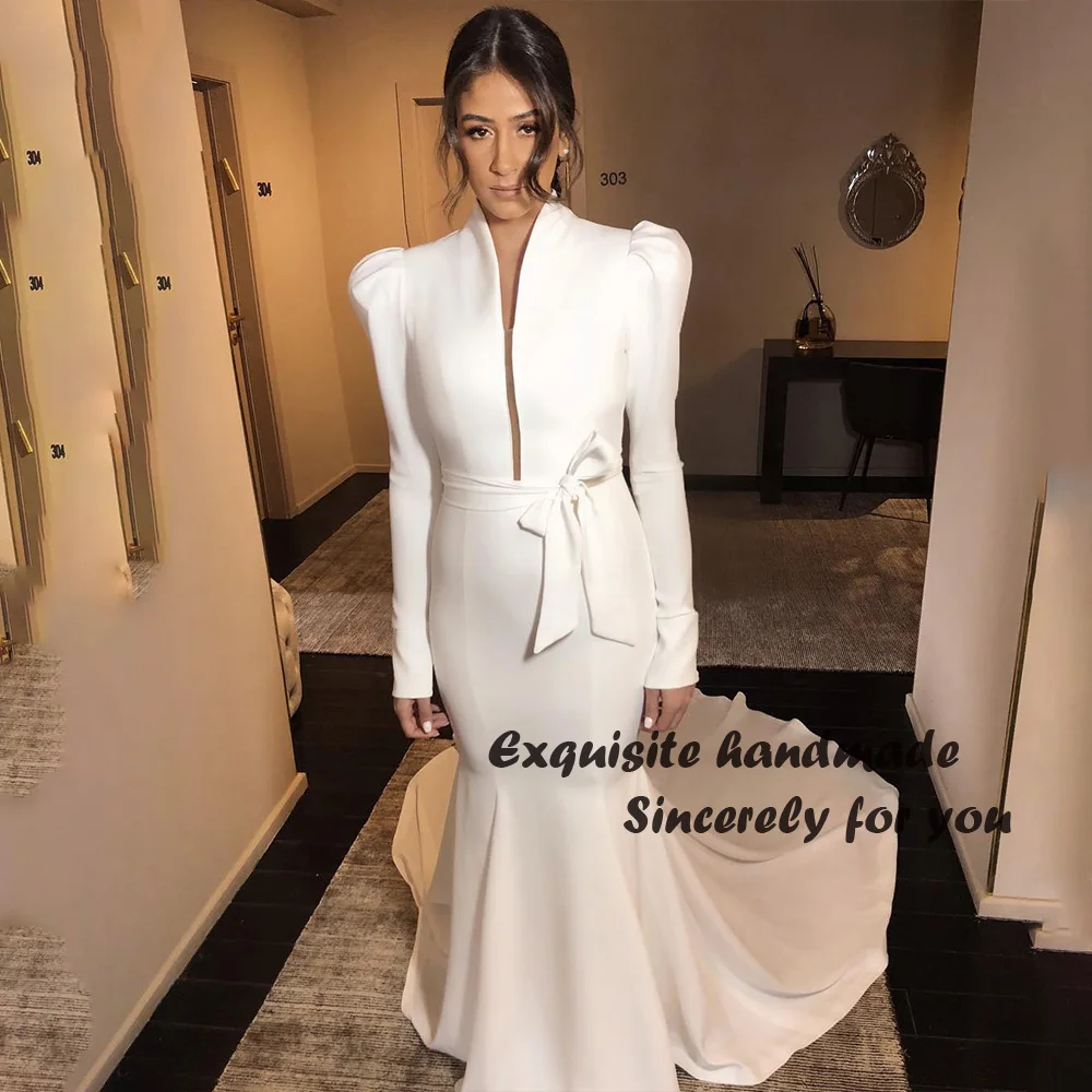 

Simple Meramid Wedding Dresses Long Sleeve Mono Satin Elegant Civil Bride Dress Customized Women Wedding Guest Gowns with Belt