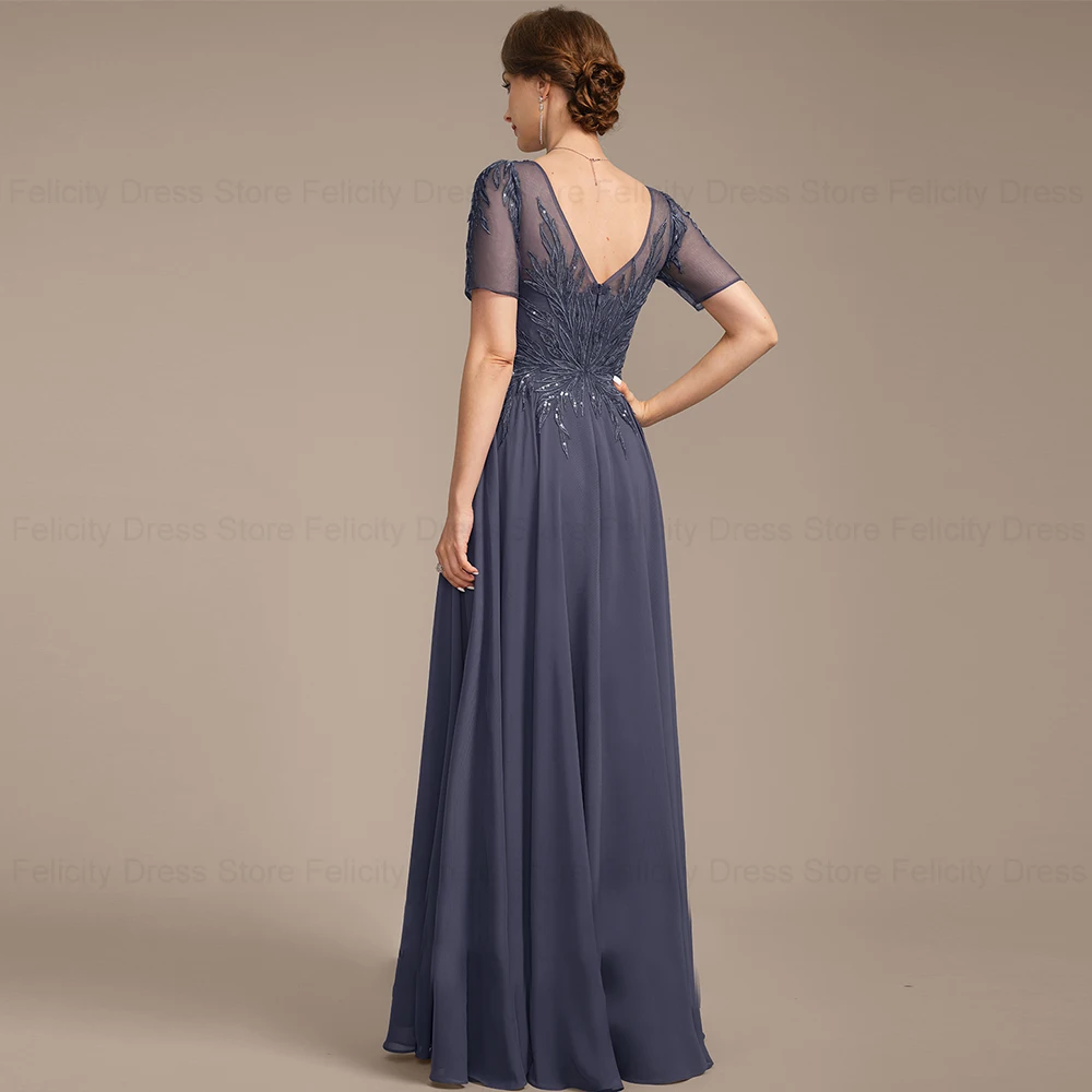 FELICITY Elegant Mother of the Bride Dresses 2024 A-line V-Neck  Chiffon Wedding Guest Dresses Appliques Sequins Evening Gowns