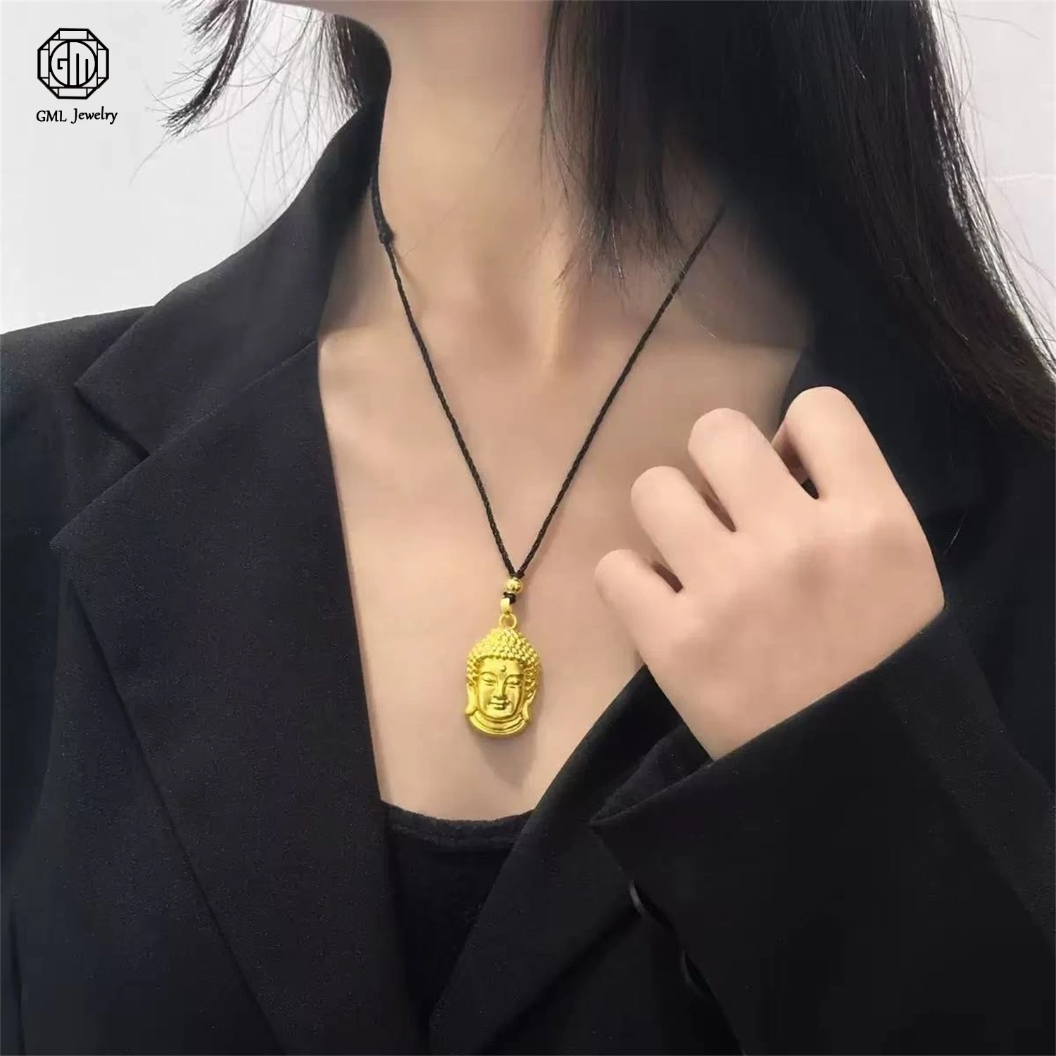 Traditional Chinese Style Ancient Method Buddha Head Pendant Lucky Symbol Longevity Lock Amulet Gold Tone Ethnic Vintage Unisex