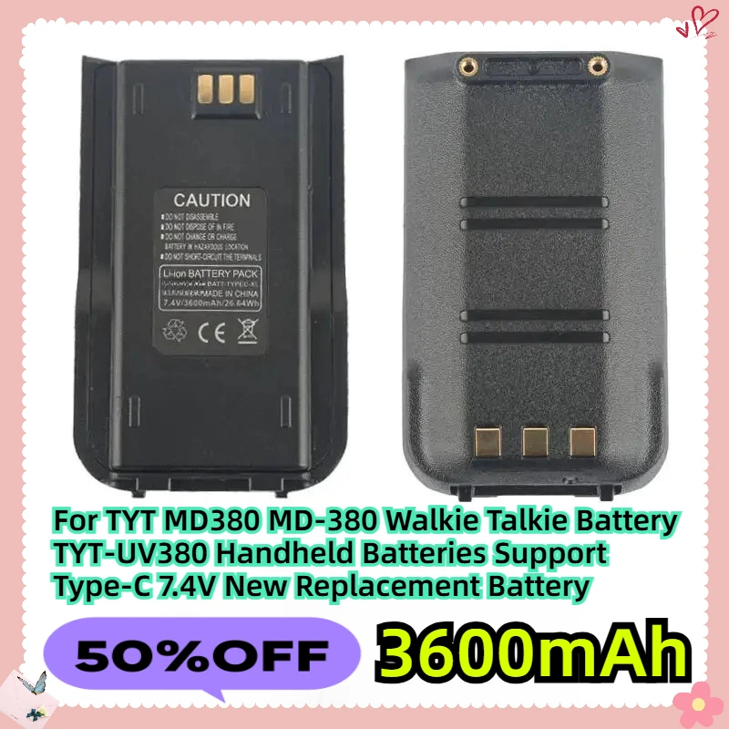 

For TYT MD380 MD-380 Walkie Talkie Battery TYT-UV380 Handheld Batteries Support Type-C 7.4V 3600Ah New Replacement Battery
