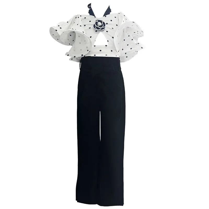

Children Halter Neck Latin Dance Suit Girls Wide Leg Pants WearGirls Polka Dot Latin Dance Set Kids Ballroom Practice Outfit