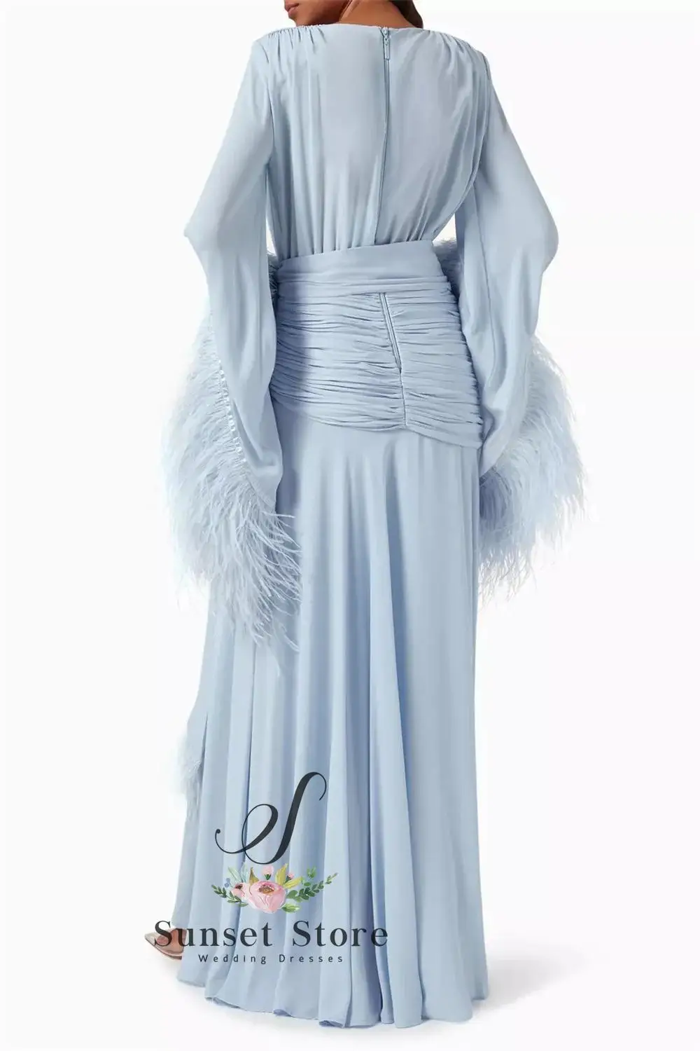 Customized Evening Dress V-Neck Feather Long Sleeves Elegant Evening Gowns Cascading Chiffon Ruffle Party Dresses image 3