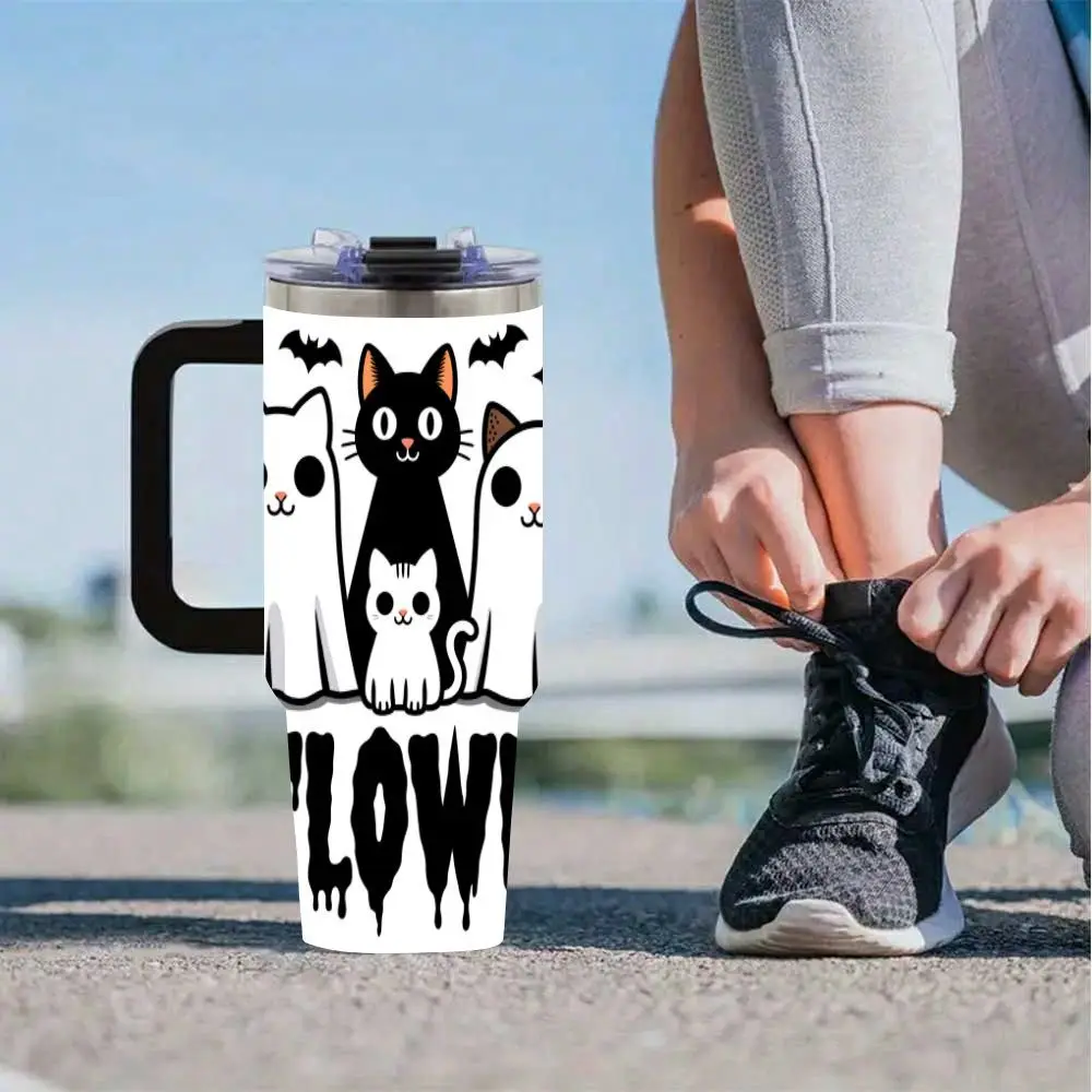 1 قطعة 40 أوقية كاتلوين هالوين القطط معزول القدح ، القط الأسود والقطط الشبحية تصميم السفر القدح ، كوب القهوة المعزول على الحائط المزدوج ، C