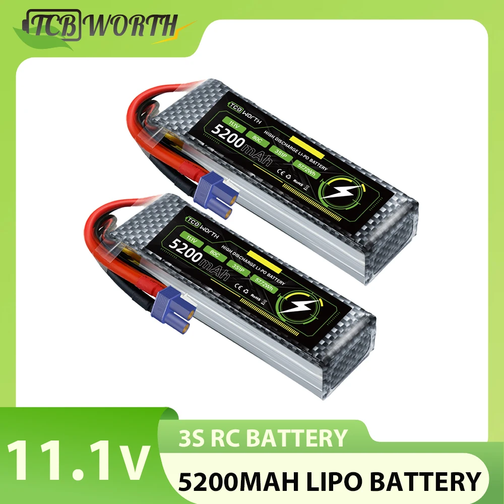 Batterie Lipo 3S avec connecteur EC5 pour modèles RC, batterie pour voiture, bateau, camion, hélicoptère, avion, course, 11.1V, 80C, 60C, 5200mAh