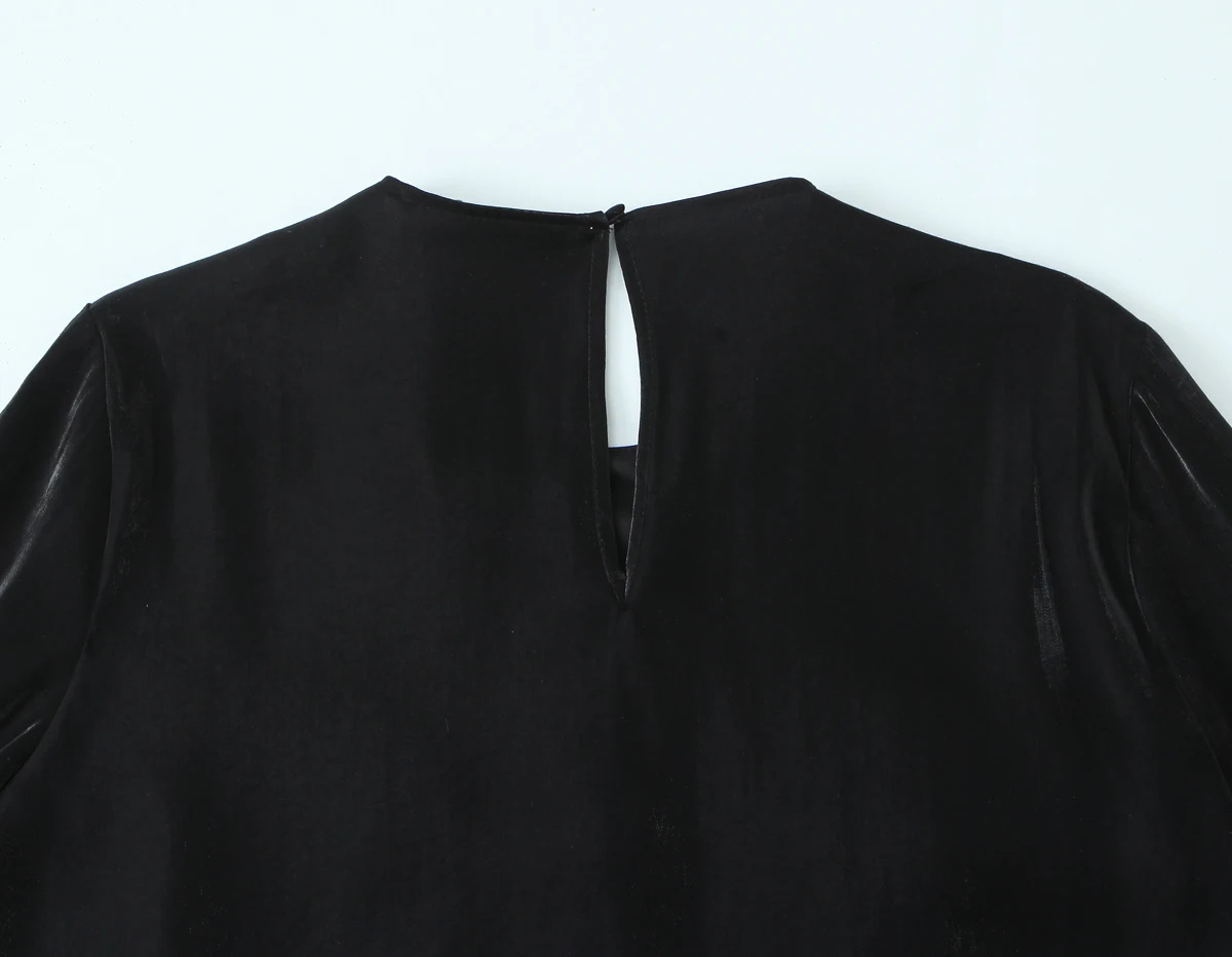 DEEABAE 2025 Winter New Product Women's Round Neck Long Sleeve Bright Fabric Stacked Decoration Back Split Shirt