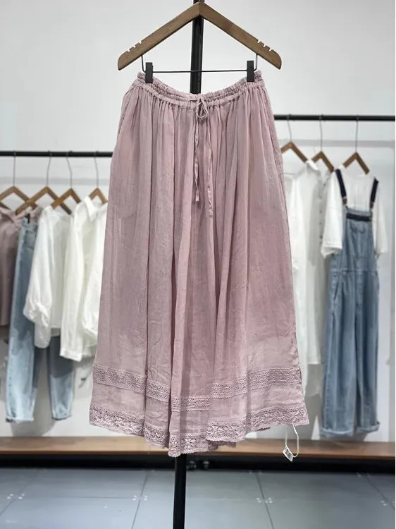 Saia midi fena de linho com acabamento em renda bordada retrô, saia longa de linha fina de camada dupla de verão, estilo ...