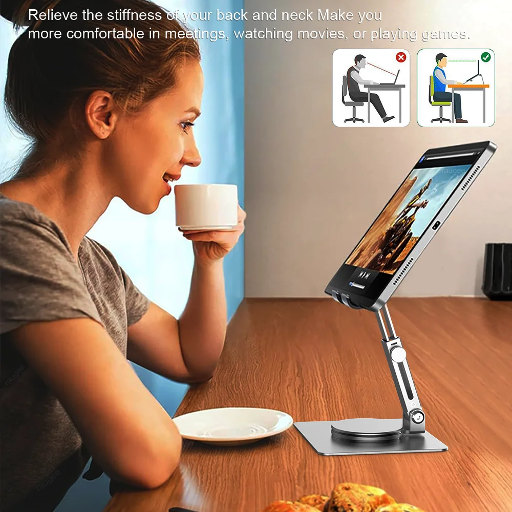 Tablet Holder for iPad Stand Aluminum Alloy Desktop Tablet Bracket Support Height Adjustable 360° Rotation Portable and Foldable