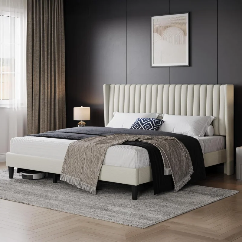 Cama King con plataforma tapizada con cabecero de tela, diseño de borde de ala/antideslizante y sin ruido/soporte de listones de madera
