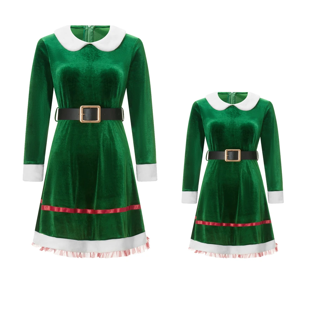 

Семейный рождественский карнавальный костюм эльфа для мамы и детей, бархатное платье с длинными рукавами и поясом для тематической вечеринки, рождественские костюмы