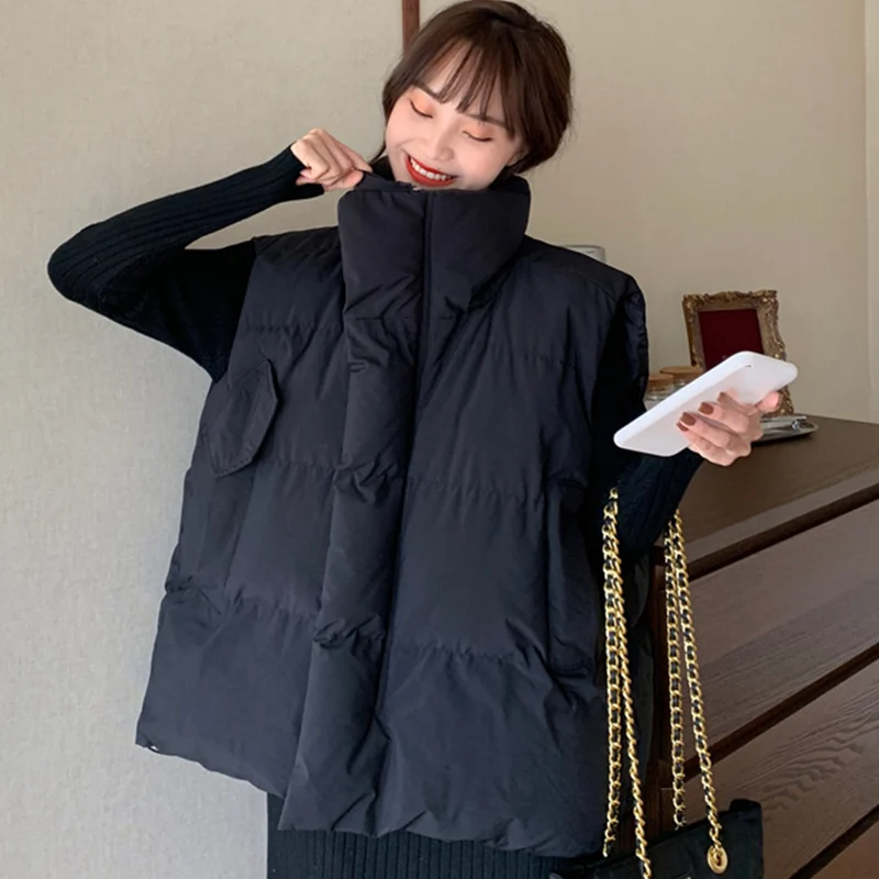 

Chic Black Sleeveless Cotton Vest Women Autumn Winter Loose Stand Collar Cotton Jacket Vest Woman Zipper Up Warm Outwear Mujer