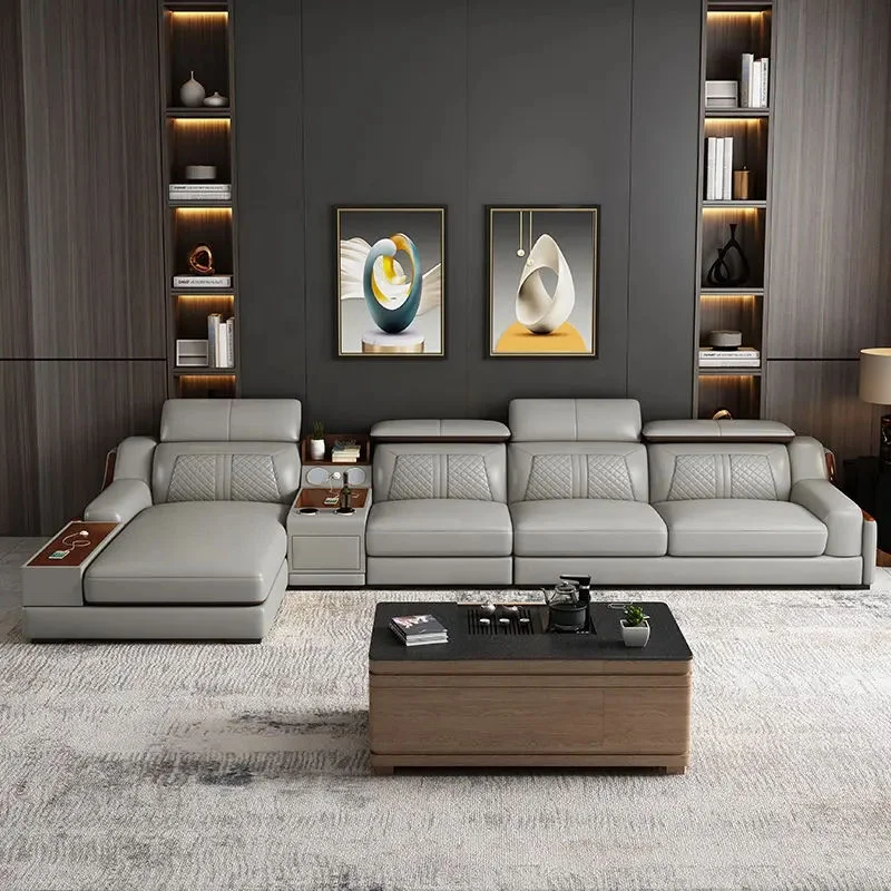 # High-end Synthetic Leather 5 Seater Versatile Modular Sectional Sofa with Bookcase Shelf and USB Charger