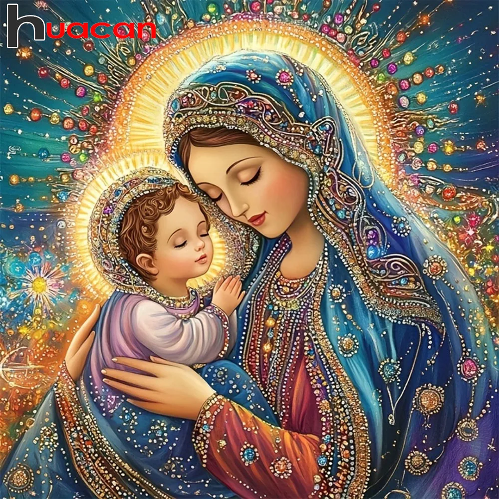 Huacan Vollquadrat-Rundbohrer Diamantmalerei Die Jungfrau Maria Kinder Diamant-Mosaik Porträt Religiöses Kunsthandwerk Set