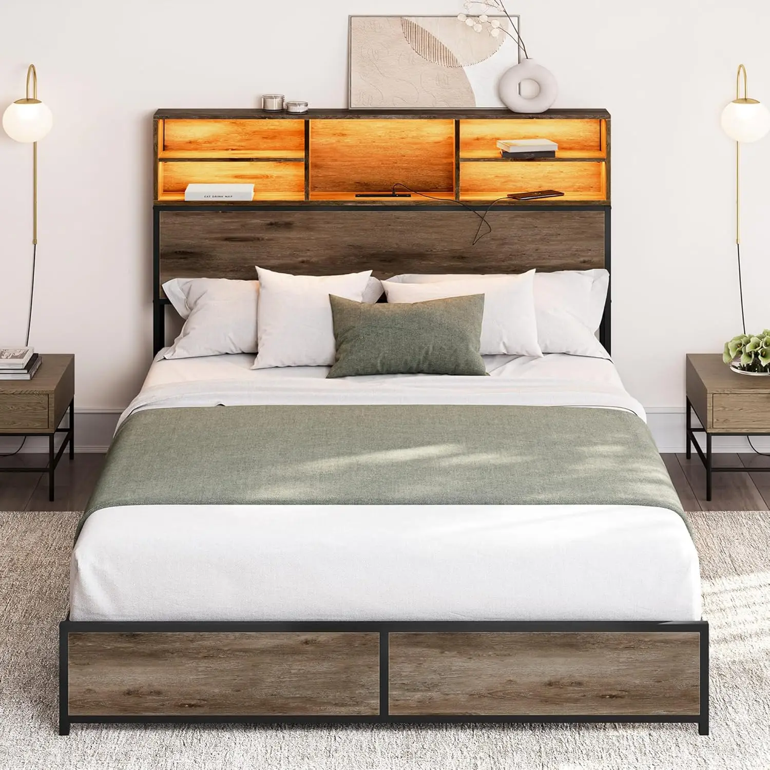 Full Size Bed Frame with Storage Bookcase Headboard, Sturdy Metal Platform Bed Frame with RGB LED Light and Ultra-Fast Charging