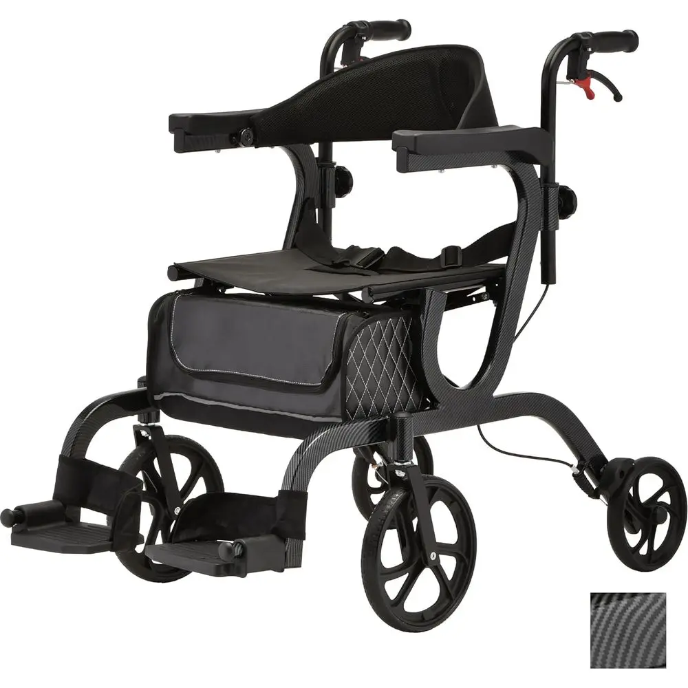 

Dual-Function Rollator and Transport Chair with 10 Front Wheels, Removable Footrests, Lightweight Mobility Aid for Seniors, Blac
