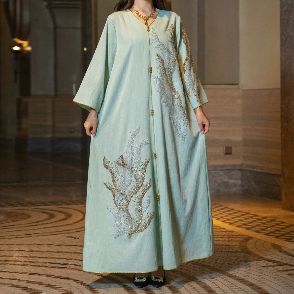 

Autumn and winter foreign trade women's Muslim long skirt Dubai sequin embroidered dress-GZXX621