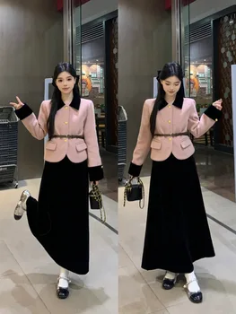 Printemps automne français doux deux pièces ensemble femmes tempérament Patchwork bouton Blazer manteau haut + taille haute mi jupe costumes mode