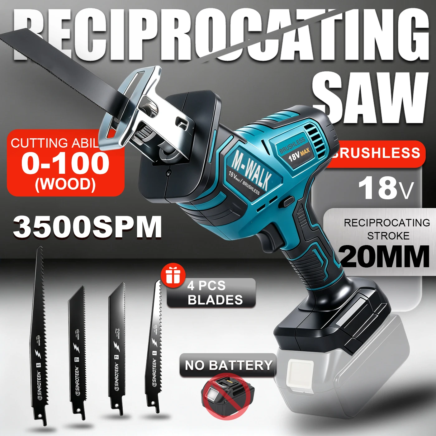 Scie sauteuse sans fil M-WALK à vitesse réglable pour la coupe du bois, du métal et des tuyaux en PVC, outil électrique compatible avec les batteries Makita 18V