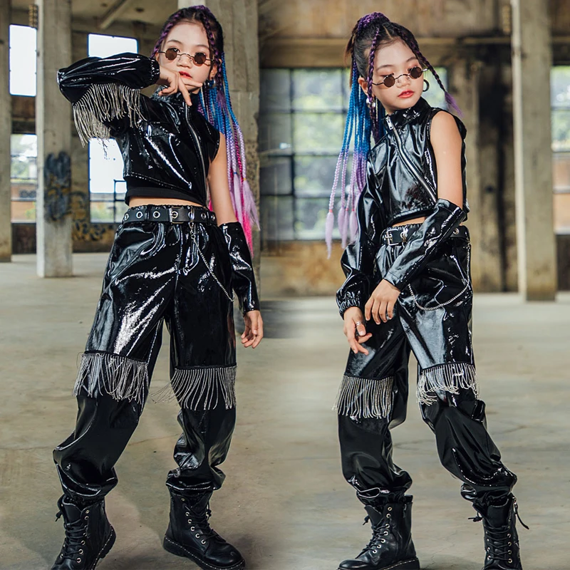 

Pu Leather Hip Hip Clothes Girls Fringe Dancer Outfit Stage Costume Concert Outfits Fashion Clothes Festival Clothing DL9018