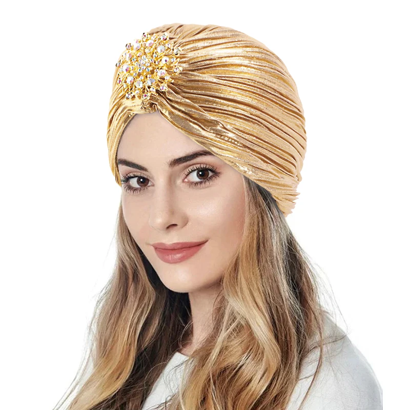 New Women Gold Silver Diamond Jewel Turban Hats Chemo Bandana Hijab Pleated Indian Cap Turbante Hat Ladies Hair Accessories Hat