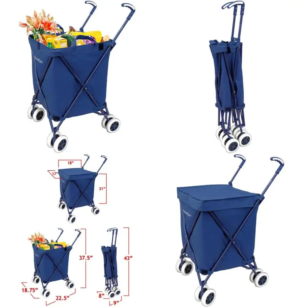 

Складная тележка для покупок, универсальная тележка с водонепроницаемой прочной холщовой крышкой, двойными передними поворотными колесами для перехода и всех возрастов