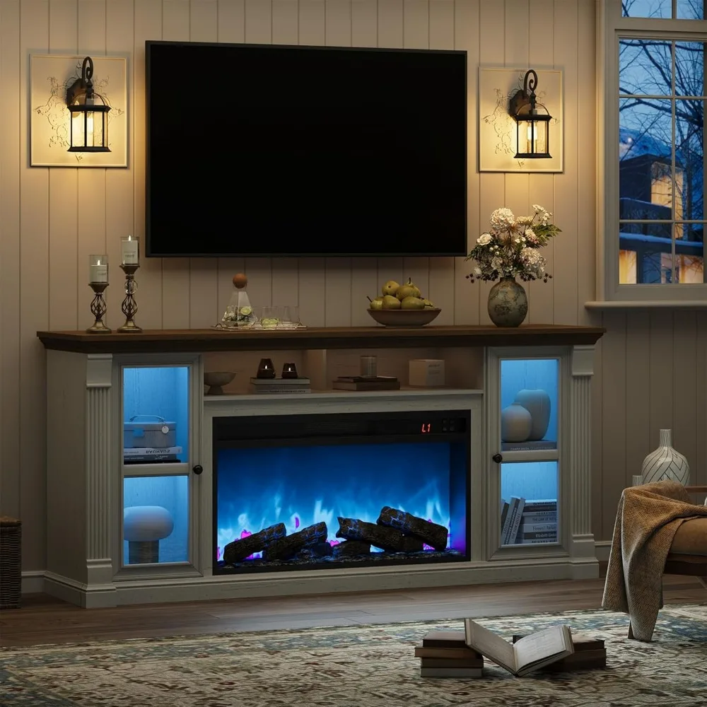 Farmhouse Fireplace TV Stand Up to 80" TVs, 70" Modern Highboy Entertainment Center with 36" Electric Fireplace & LED Lights,