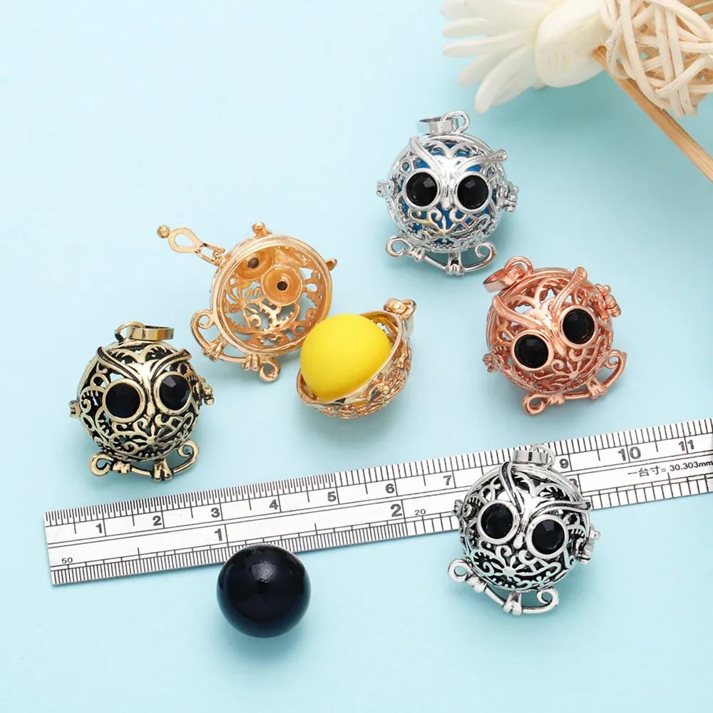 OCESRIO Retro Cute Owl Harmony Ball Pendant for Necklace Copper Gold Plated Wishing Ball Jewelry Making Supplies pdtb134