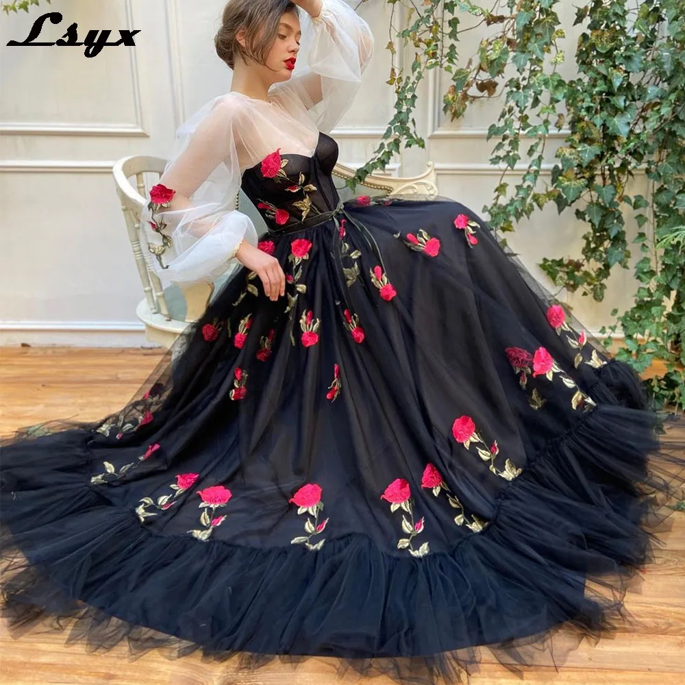 

LSYX Gorgeous Evening Dresses 2024 Floral Applique Full Sleeves Robes De Soirée A-line Sweep Train Long Prom Party Gown