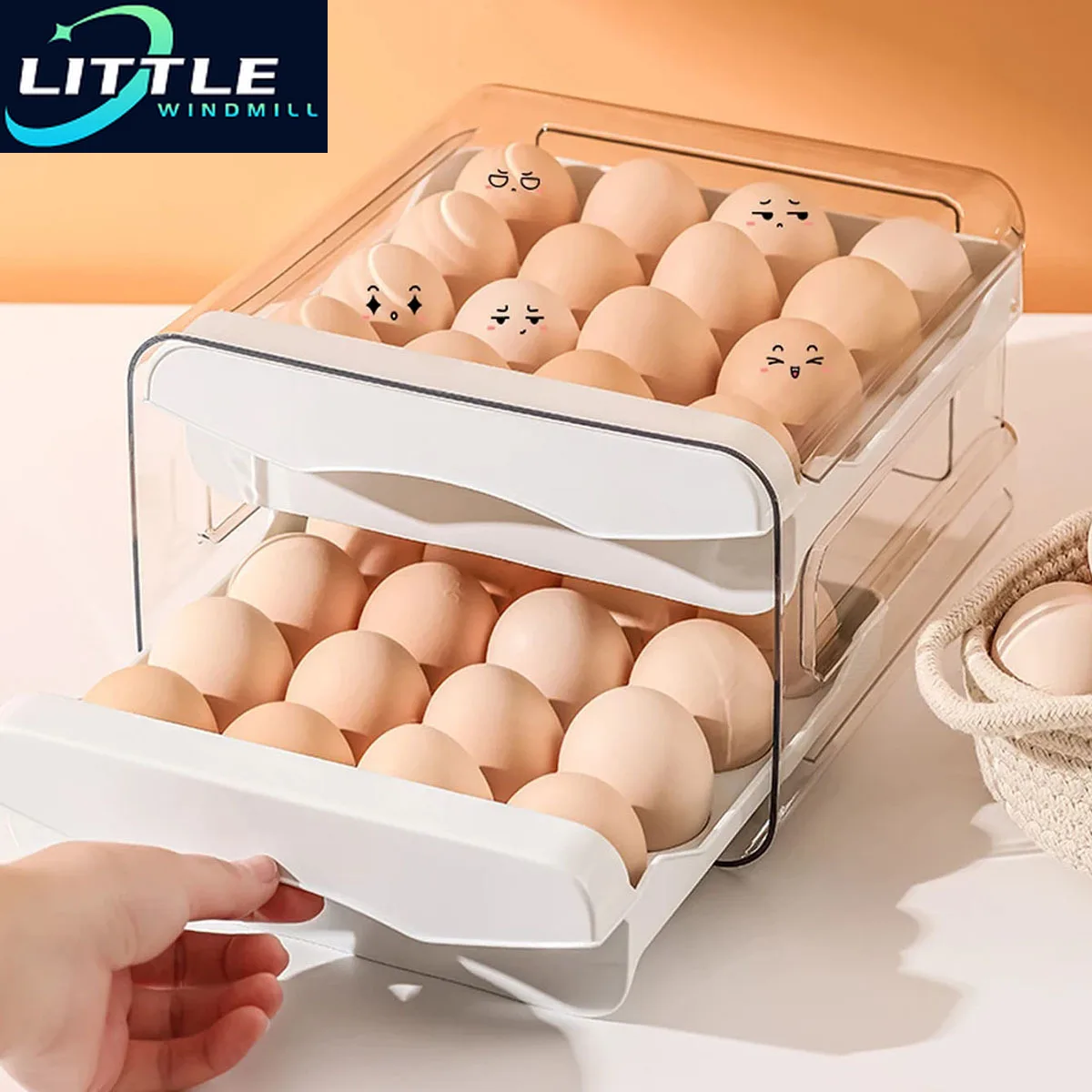 Food Grade Egg Storage Box -Drawer Style Refrigerator Organizer with 32 Grids for Kitchen, Multiple Colors Available