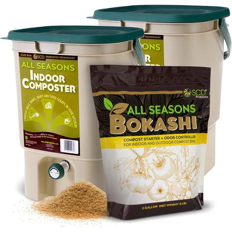 

Indoor Composter Starter Kit - Two Family-Sized Composting Bins for Kitchen Countertop and Bokashi Bran Starter 5 lb
