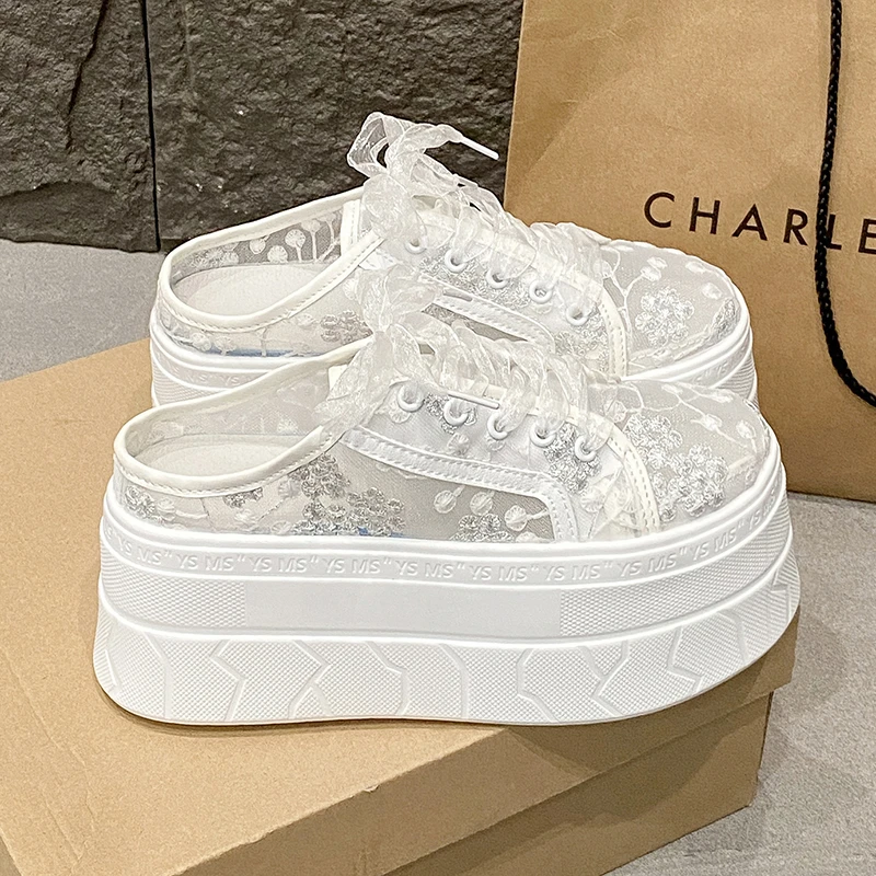 

8CM Women's Slippers 2025 New Bling Summer Women's Platform Slippers Lace Rhindiamonds High Toe Closed Slippers Women Mule Shoes