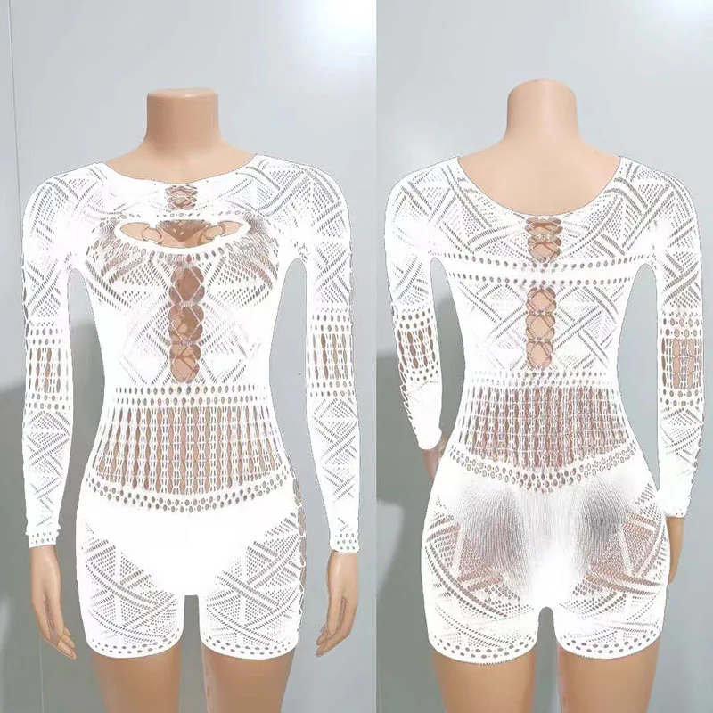 ผู้หญิงเซ็กซี่ Fishnet บอดี้สูท Hollow Out ตาข่ายดูผ่านกางเกงขาสั้นผอม Jumpsuit หญิง Clubwear Party Bodycon One ชิ้น Rompers