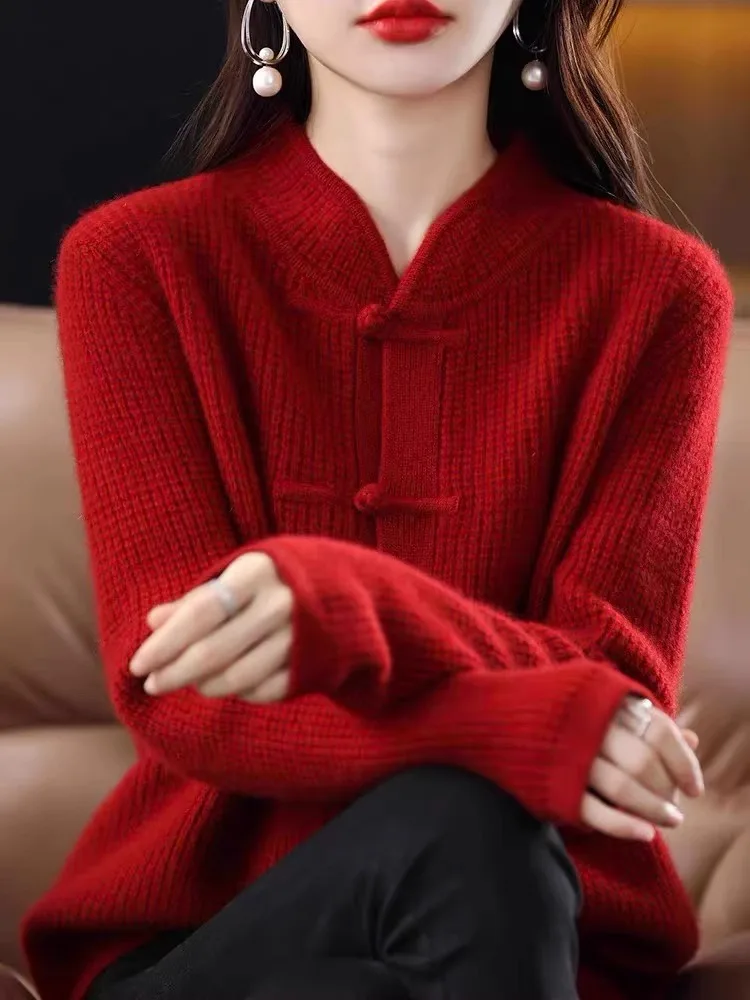 

Ele Red Camere вязаный открытый кардиган женский высококачественный новогодний шерстяной верхняя одежда с воротником-стойкой удобный свободный крой