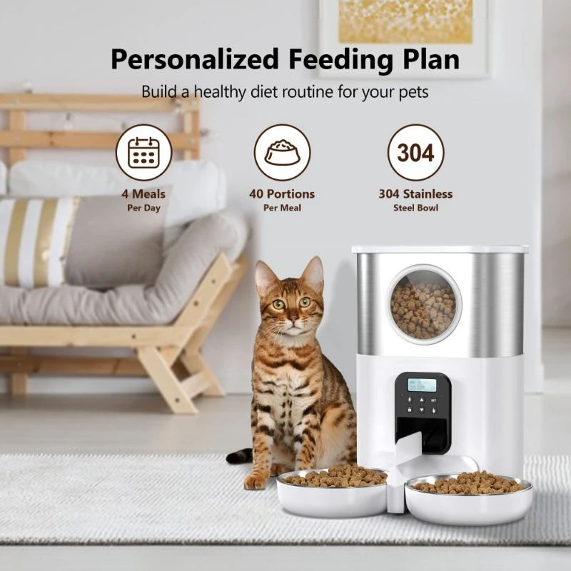 Large Automatic Dog Feeders for Two Cats Pet Feeder Timed Voice Record Cat Feeder Pet Dry Food Dispenser Botton Control Bowls