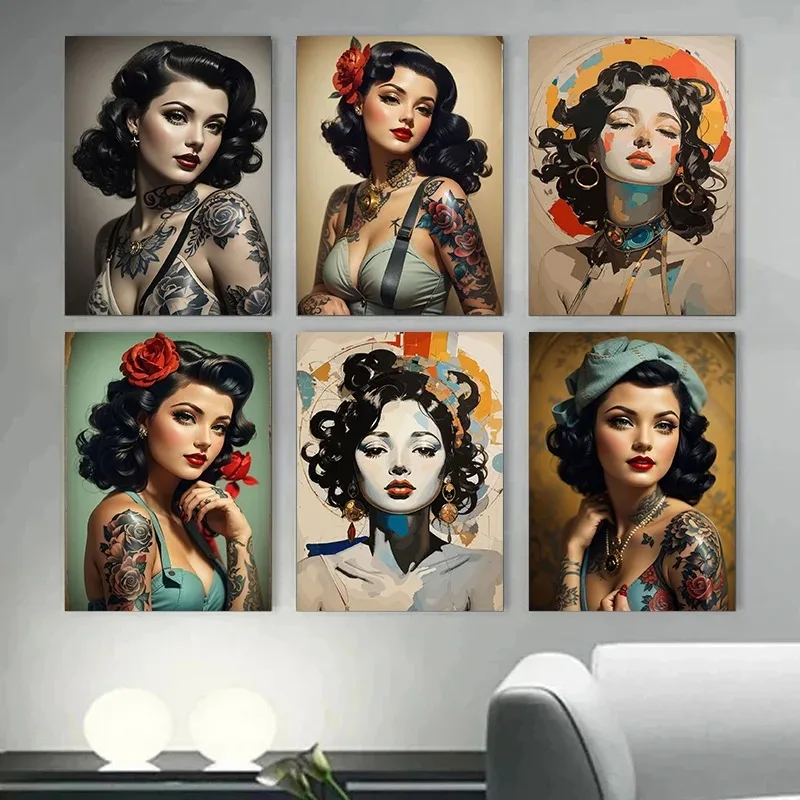 Vintage Temperament Pinup Girl Tattoo Woman Poster Print Wall Art Pictures Canvas Painting Living Room Bedroom Home Decor Gift