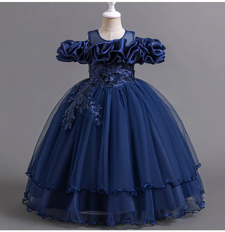 New 2024 Children Evening Dresses for Young Girl Elegant Dress for Performance Blue Clothes for Girls