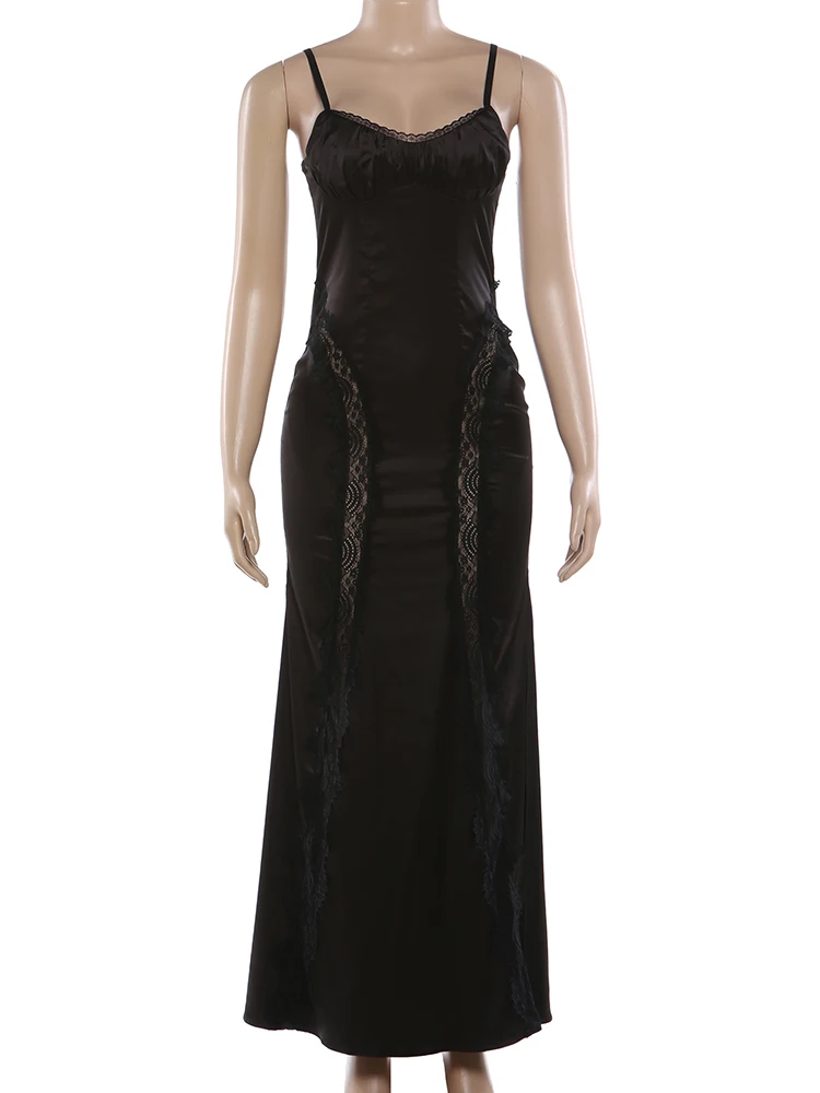 Sisterlinda الدانتيل فستان بحزام المرأة Coquette الجاكار الساتان المرقعة عارية الذراعين منخفضة الصدر مثير الخوخ الورك تمتد سليم ماكسي Bodycon