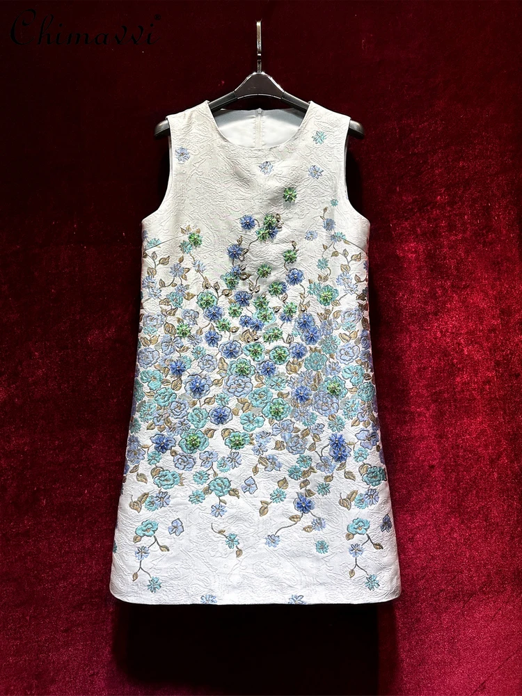 

Heavy Industry Bead Premium Skinny A-line Dress 2025 Summer New Fashion Crew Neck Retro Sleeveless Elegant Short Party Dresses