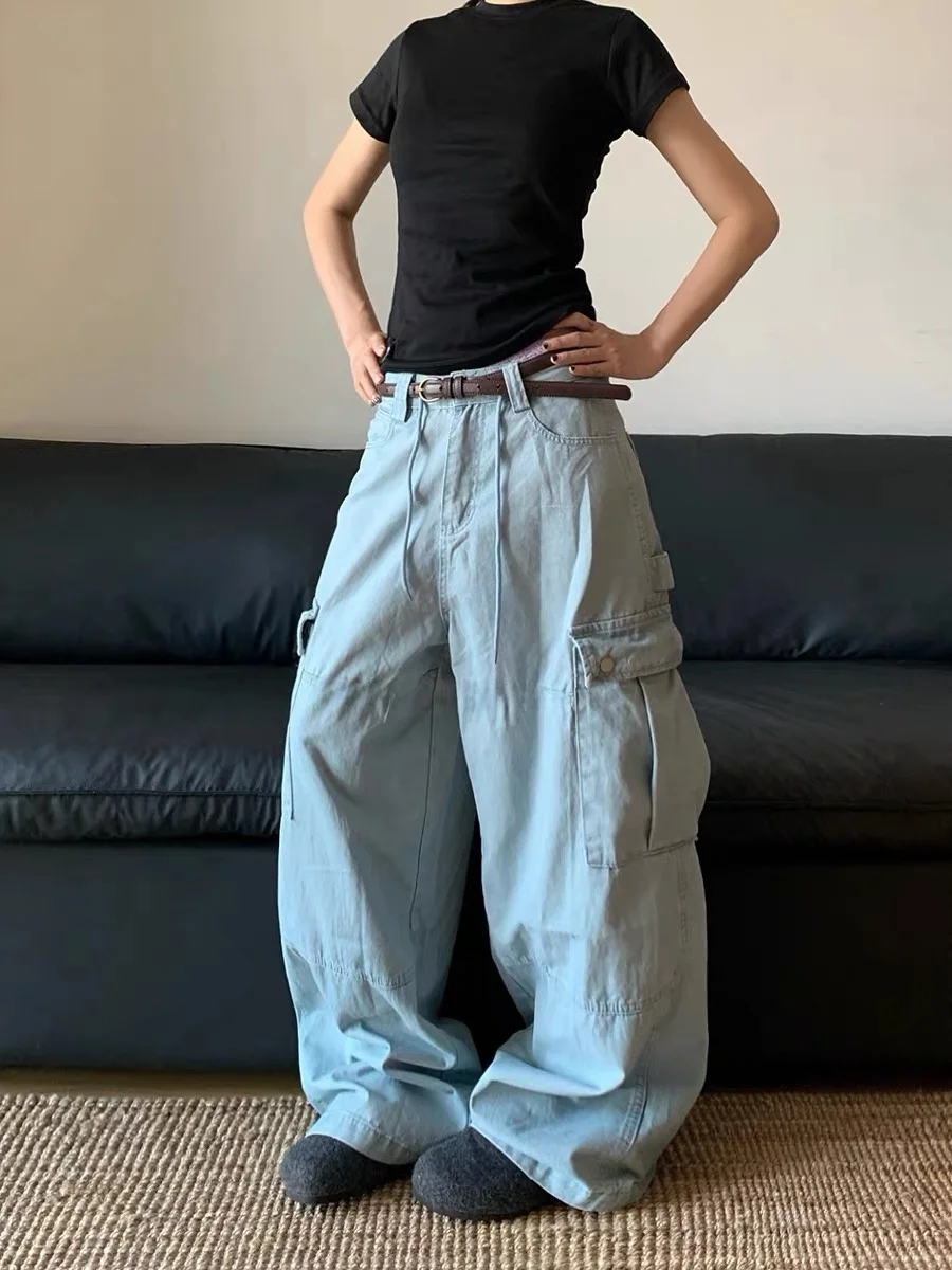 

American Retro Lake Blue Work Trousers with Large kets Men's And Women's Loose Wide Leg Casual Long Pants Drapey Sle